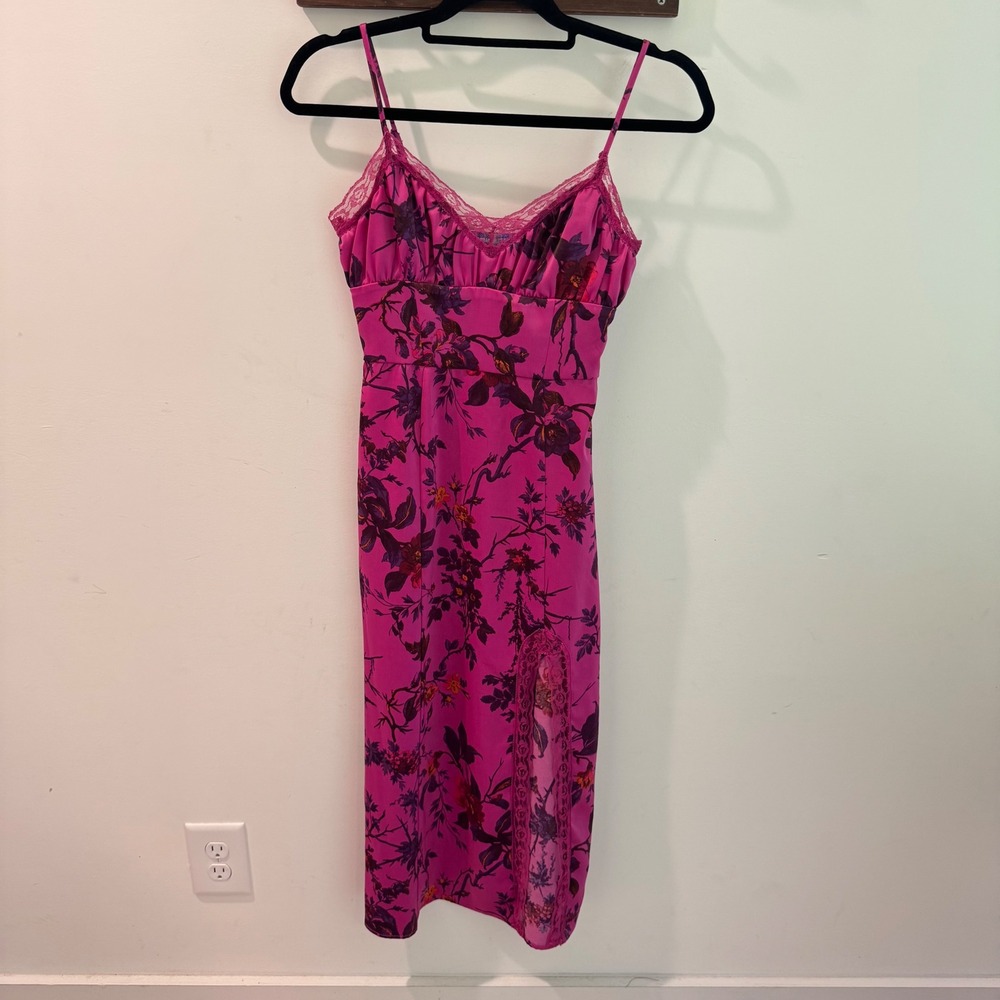 Urban Outfitters Audrey Magenta‎ Pink Floral Lace Trim Midi Slip Dress XS